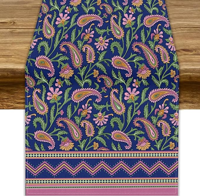 Colorful Paisley Floral Table Runner, Vintage Pink Purple Flowers Green Plants Leaves Print Table Runner for Kitchen Dining Table Indoor Outdoor Home Party, 13x36inch