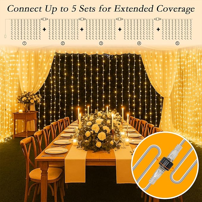 200 LED Curtain String Lights 9.8 * 6.6FT Plug in Fairy with Timer and 8 Modes, Waterproof Window Wall for Bedroom Wedding Party Indoor Outdoor Christmas Decor