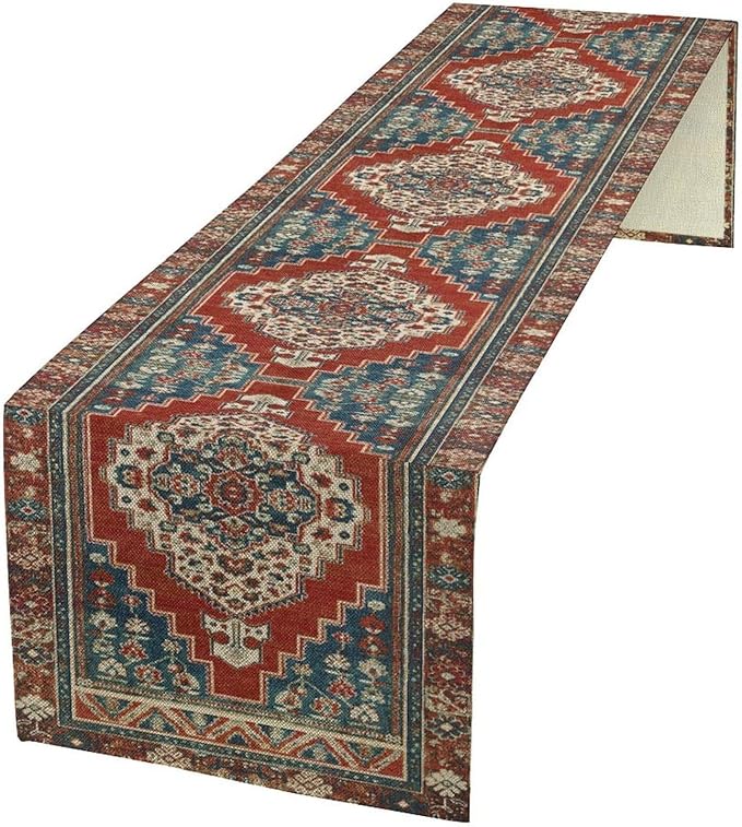 Boho Floral Vintage Table Runner, Red Blue Retro Flower Rustic Country Farmhouse Pattern for Home Kitchen Table Decor Dining Coffee Room Party Decor 13x36in
