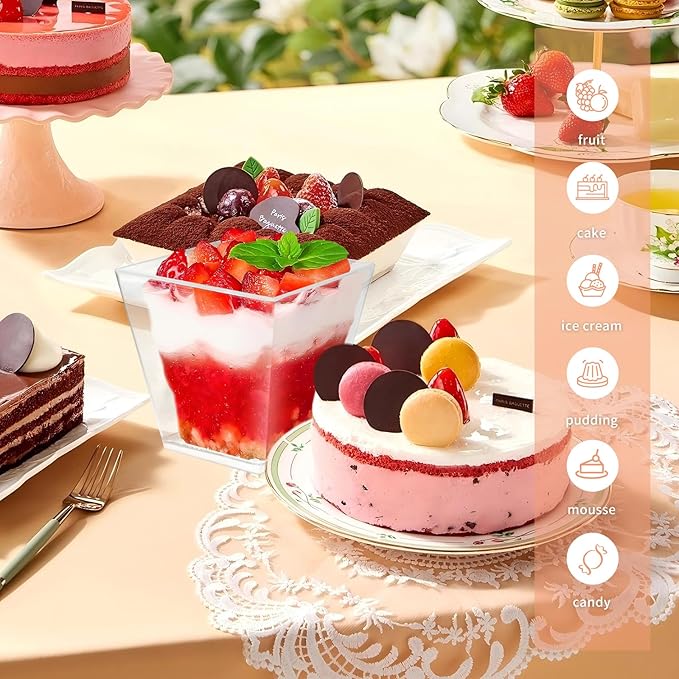 50 Pack 5 oz Clear Plastic Square Dessert Cups with Spoons，Mini Disposable Parfait Cups for Yogurt, Ice Cream and Tasting，Serving Cups for Appetizer，Pudding，Party (5 oz)