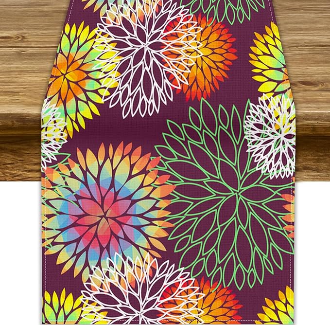 Brown Dahlia Flower Table Runner, Linen Geometric Pattern Floral Table Decor Spring Farmhouse Decorations for Kitchen Dining Holiday Party Decor, 13x120 Inch