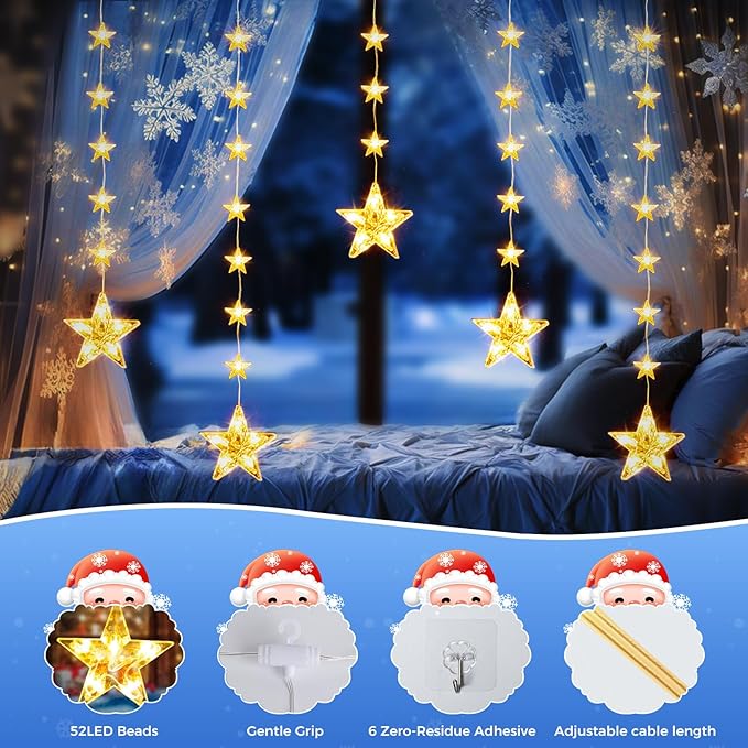 32 Stars Christmas Window Lights, IP65 Waterproof 52 LEDs Twinkle Star Fairy String Lights with 8 Modes Timer, Warm White & Multicolor, Battery Operated Hanging Xmas Star Decoration for Indoor Outdoor