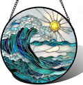 Stained Glass Window Hanging - Blue Green Waves Suncatcher for Door Terrace Garden Home Decor Sunrise Over The Sea Sun Catcher Birthday Gifts for Lovers Women Men Dad Mom Nana 11.8 in