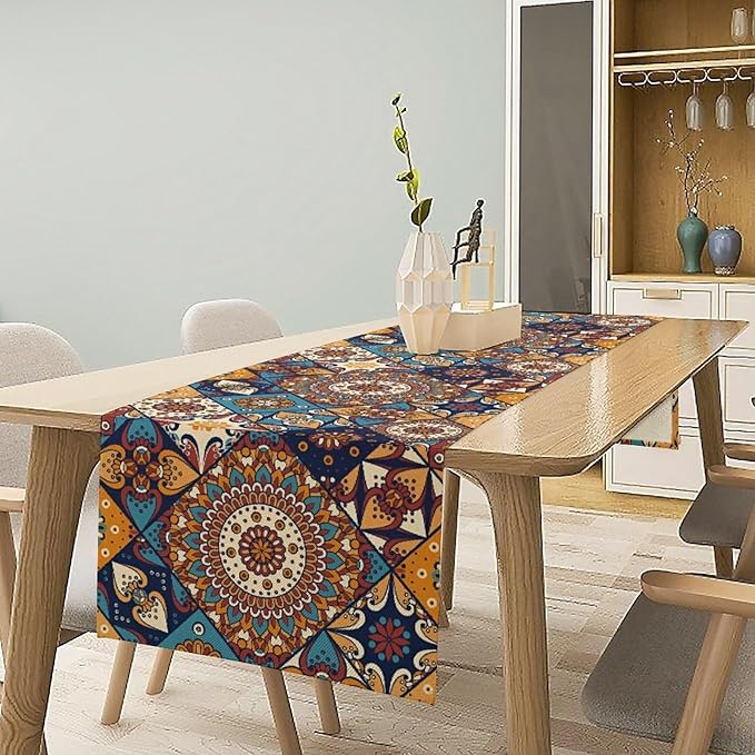 Vintage Mandala Table Runner, Bohemian Brown Blue Tile Traditional Indian Flowers Table Runner for Kitchen Dining Table Office Wedding Party Holiday Home Decor, 13x60inch