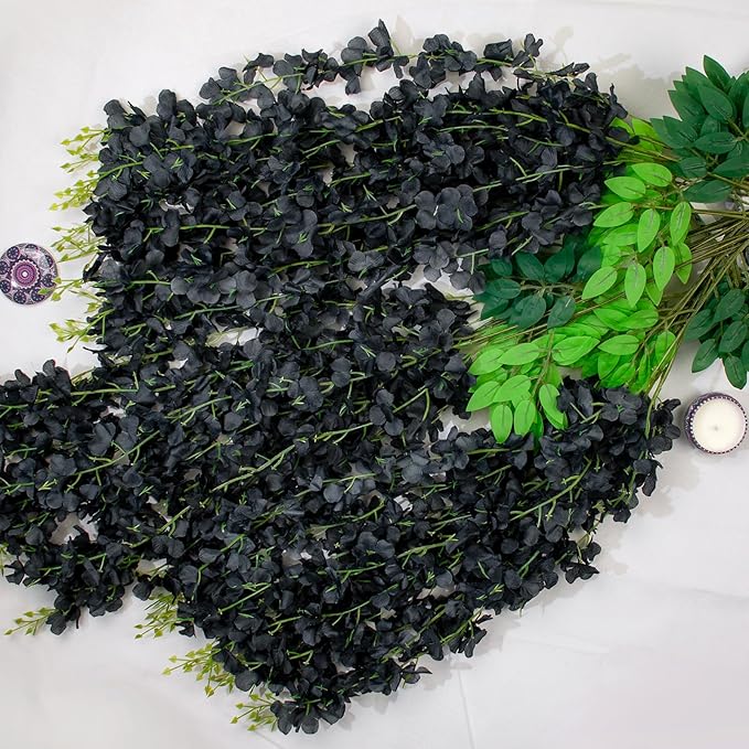 24 Pack Artificial Wisteria Flower Fake Silk Flowers String Vine Ratta Hanging Garland for Home Garden Party Wedding Backdrop Arch Decor (Black)