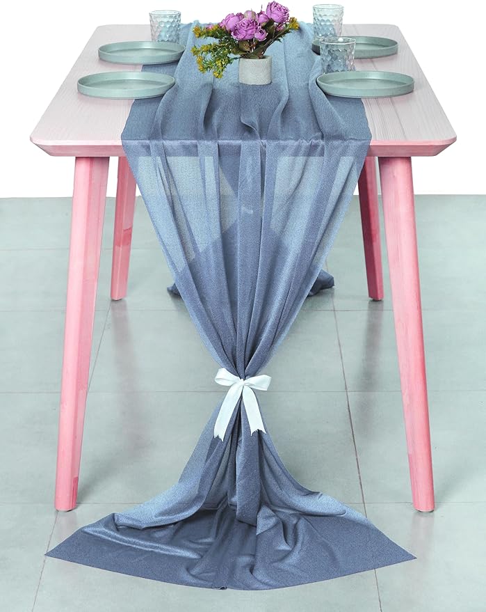 MDS 15 Pack 10ft Chiffon Table Runner 29 x 120 Inches Sheer Wedding Runner Romantic Rustic Table Runner for Wedding Decorations, Birthday Parties, Bridal Shower Party Arch Decor - Dusty Blue