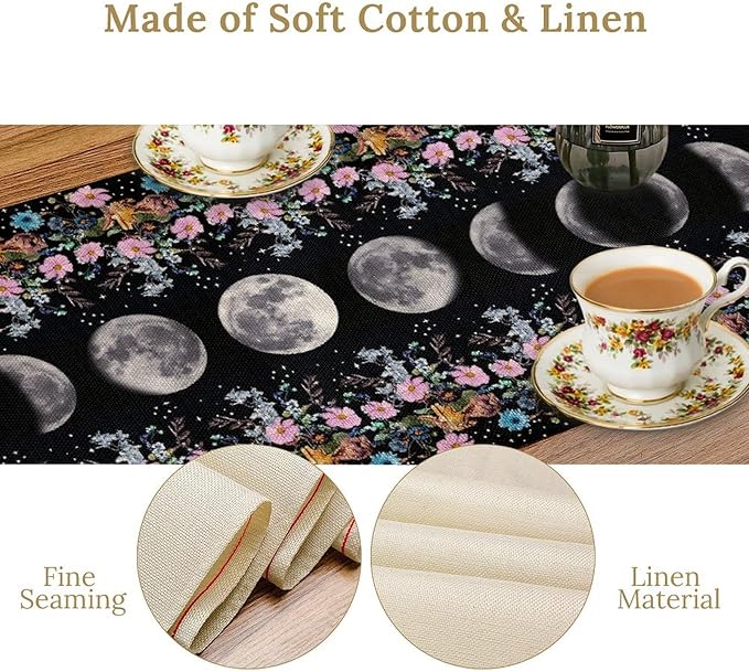 Boho Floral Moon Table Runner, Spring Flower Leaves Mystical Gothic Sun Moon Table Runner for Kitchen Dining Table Home Party,13x36 Inch Purple
