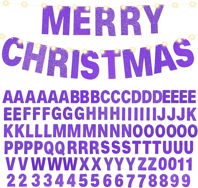 TaoBary 112 Pcs DIY Letter Kit Glitter Customizable Banner Letters Include 107 Letters and Numbers 3 Rope and 2 Needles for Birthday Halloween Christmas Wedding Valentine Party Decor(Purple)