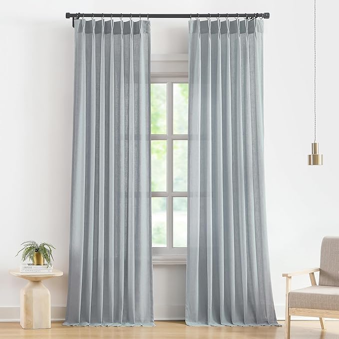 Vision Home Blue Grey Pinch Pleated Semi Sheer Curtains Textured Linen Blended Light Filtering Window Curtains 108 inch for Living Room Bedroom Pinch Pleat Drapes with Hooks 2 Panels 9ft 40" Wx108 L