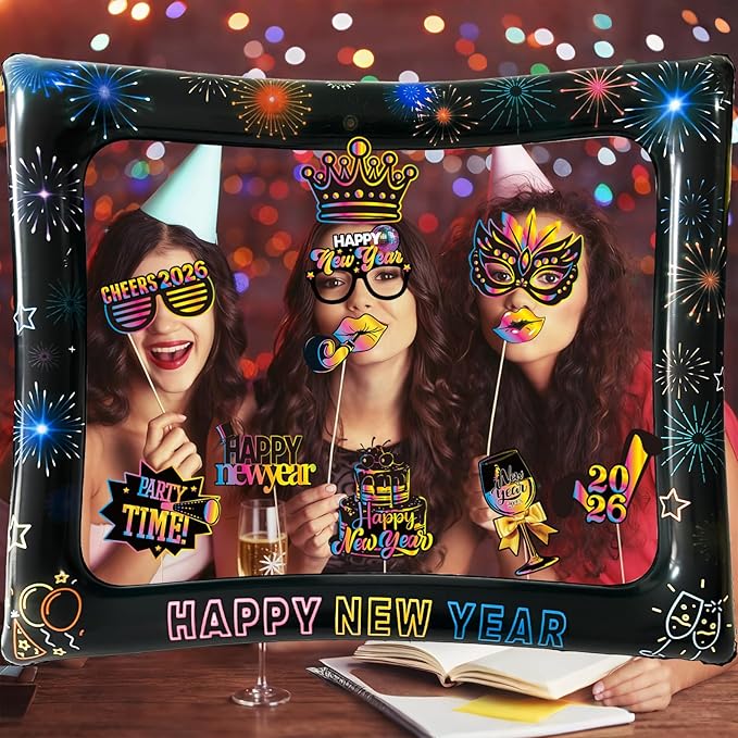 2026 New Year Photo Booth Inflatable Frame Kit, 30Pcs Colorful Neon New Years Photo Booth Props with Inflatable Picture Frame for New Year Eve Party Selfie Props Supplies