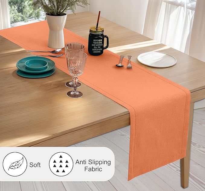 Ruvanti Linen Table Runner 90 Inches, Classic Hemstitch, Washable, Reusable, Non-Slipping, Stain Resistant- Perfect for Parties, Weddings, Dinners, Thanksgiving, Christmas, Indoor use – Orange