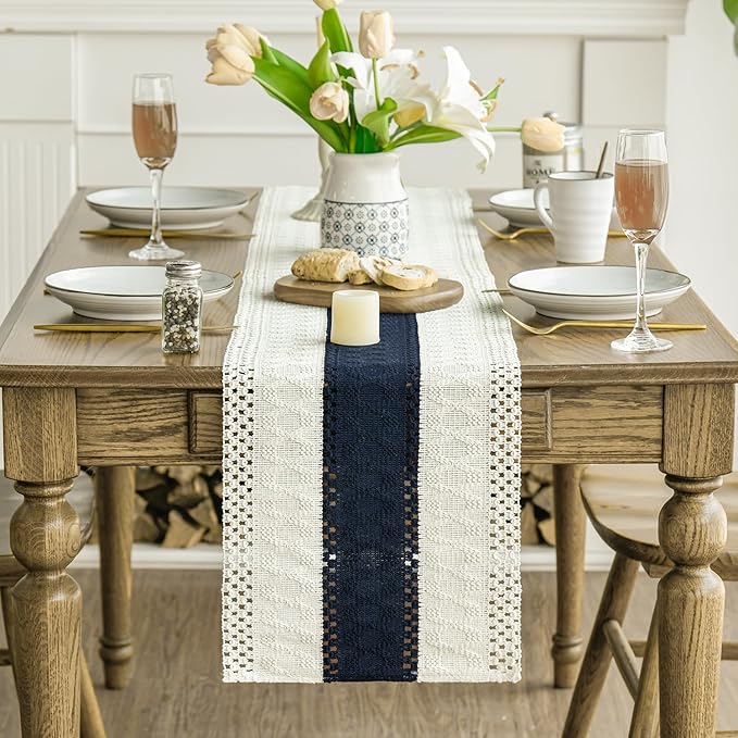 Artoid Mode Dark Blue Farmhouse Rustic Table Runner, Seasonal Holiday Hollow Kitchen Dining Table Decoration for Home Party Decor 12x36 Inch