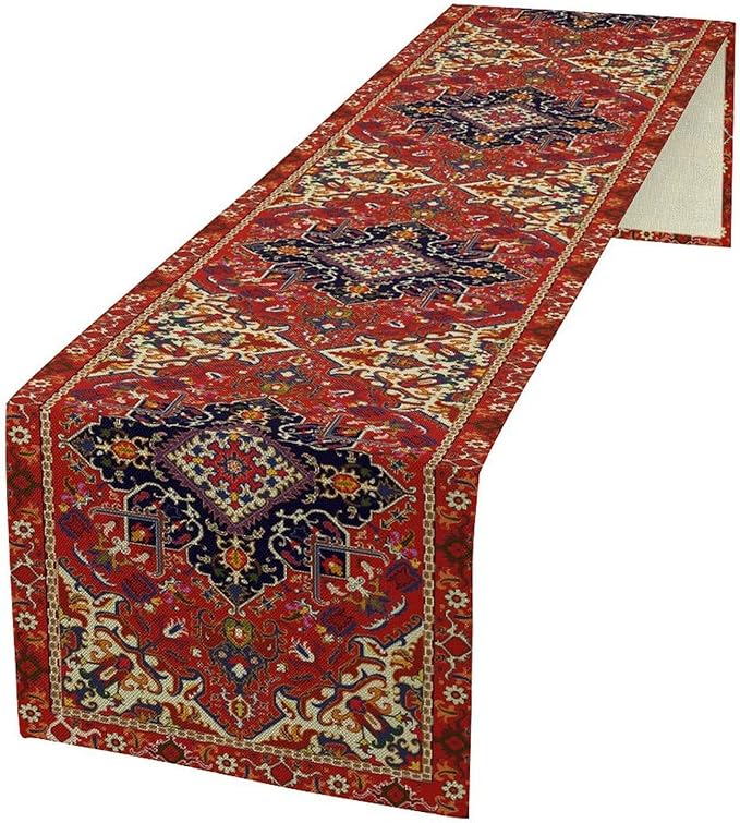 Boho Old French Table Runner, Vintage Red Beige Retro Flower Rustic Country Style Floral Print Pattern for Home Kitchen Table Decor Dining Coffee Room Garden Party Decor 13x120in