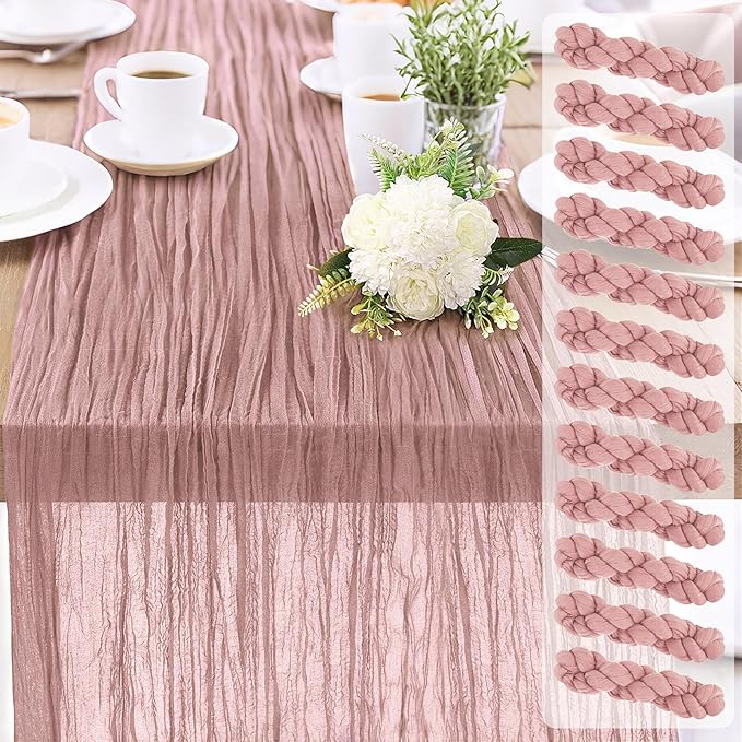 12-Pack Dusty Pink Cheesecloth Table Runners – 10FT (35x120 Inch) Boho Rustic Gauze Fabric Cheese Cloth Table Runner for Weddings, Baby Showers, Bridal Shower, Farmhouse & Birthday Party Decor