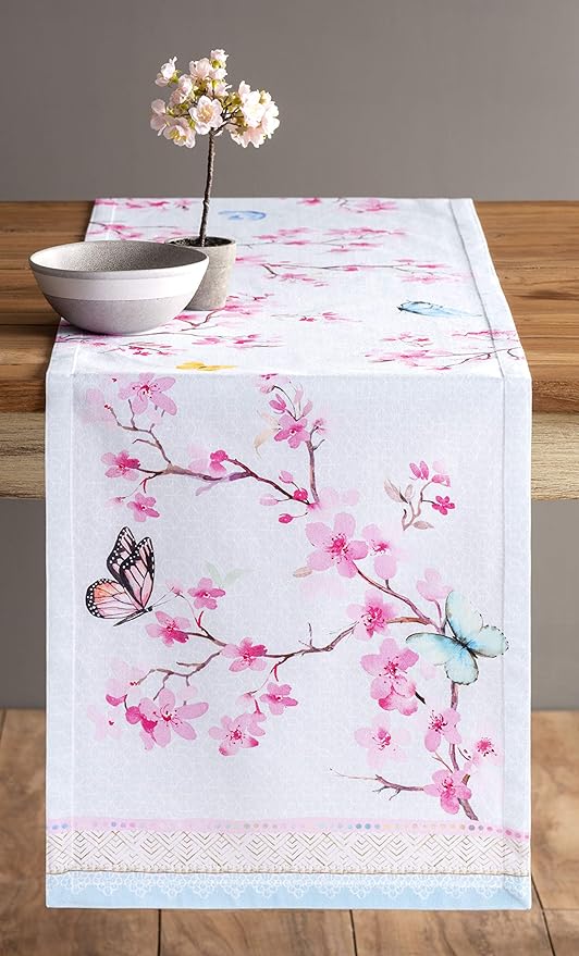 Maison d' Hermine Table Runner 100% Cotton Single Layer Table Runners 108 inches Long Decorative for Home Kitchen Dining Party Wedding Bridal Shower Spring Summer (Blossoms in Spring, 14.50" x 108")