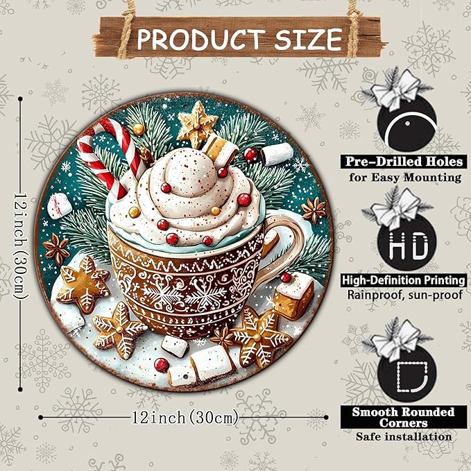 Round Christmas Signs Hot Cocoa Bar Metal Tin Sign Christmas Decor For Home Vintage Christmas Coffee Cocoa Tin Sign Hot Chocolate Bar Sign 12 * 12 in
