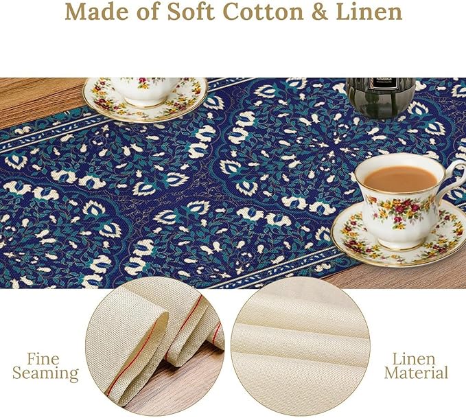 Boho Floral Vintage Table Runner, Retro Morris Abstract Blue Flower Rustic Country Farmhouse Pattern for Home Kitchen Table Decor Dining Coffee Room Wedding Party Decor 13x60in
