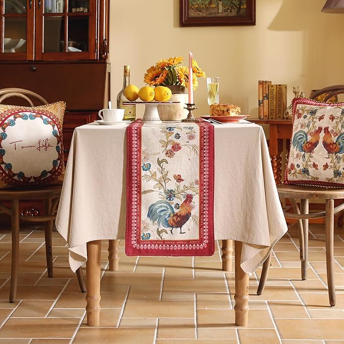 patdrea Designer Farmhouse Linen Extra Long Table Runner,Rustic Cottage Mauve with Rooster and Floral Pattern Fabric Table Mat,Decoration for Kitchen Dining Christmas New Year Banquet, 12"*118"