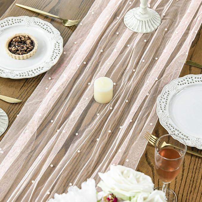 Artoid Mode Pearl Pink Gauze Table Runner 59x120 Inch , Seasonal Sheer Kitchen Dining Holiday Wedding Birthday Baby Shower Table Decor for Home Party