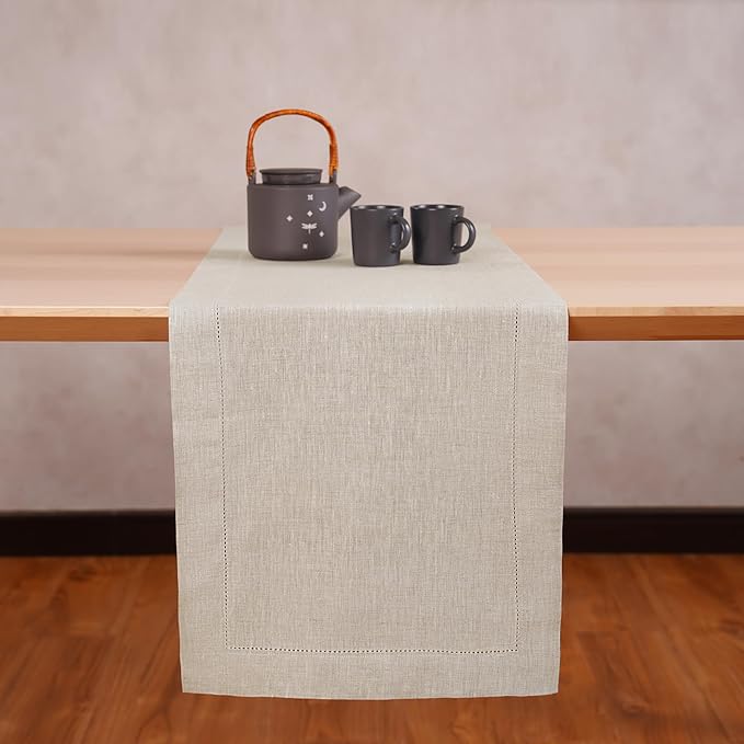 Linen Light Natural Table Runner 120 Inches - 100% Pure Linen Cloth Fabric Hemstitch Table Runner 14 x 120 Inch for Dining, Dresser, Thanksgiving, Fall Christmas - Lino