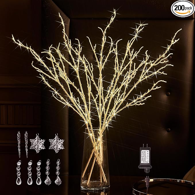 BAOLITVINE Lighted White Twig Branches 32IN 200 Warm White Fairy Lights, Lighted Willow Branches Plug in with Timer, Dimmer for Home Bedroom Fireplace Christmas Decoration Inside Outdoor