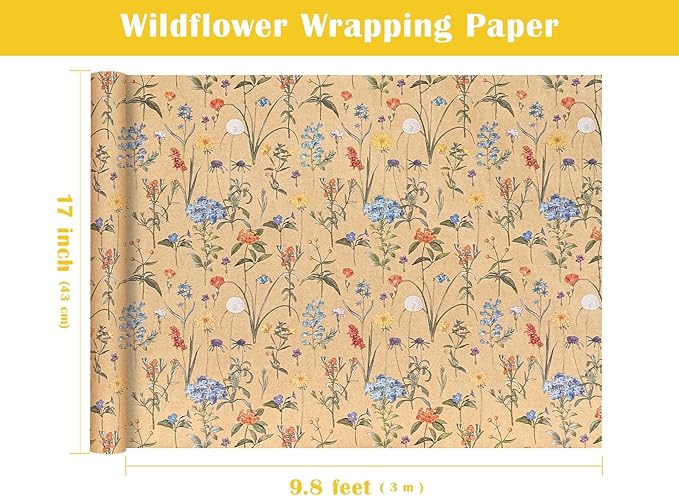 WRAPAHOLIC Kraft Floral Wrapping Paper Roll - Mini Roll - 17 Inch x 9.8 Feet - Wildflower Wrapping Paper Perfect for Girls Women Birthday, Wedding, Bridal Shower
