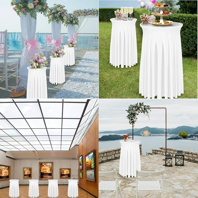 Cocktail Table Covers - 3 Pack 32"x 43" White Cocktail Table Tablecloth with Natural Wavy Round Skirt for Bar Wedding Party Banquet