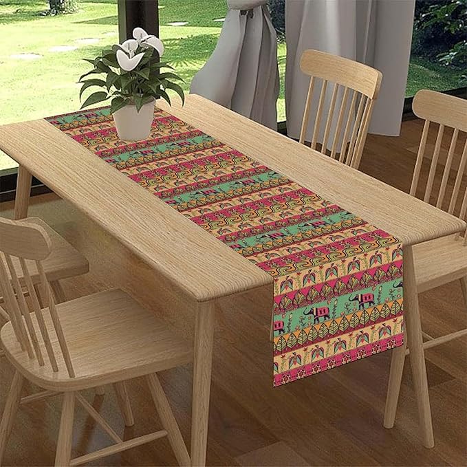 Boho Table Runner, Indian Bohemian Elephant Mandala Paisley Floral Hippie Art Print Table Center Decor for Home Kitchen Dining Patio Holiday Party Indoor Outdoor Table Decorations, 13"x90" Inch