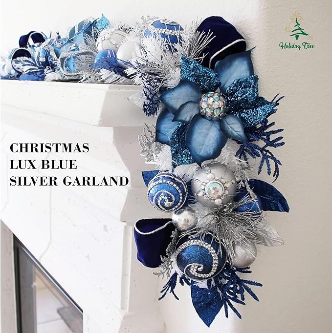 5 ft Christmas Garland for Mantle Unlit Garland for Stairs Railing, Banister, Staircase, Fireplace, for Table No Light, Garland Decor Frosted Red Poinsettia Holiday Tree (Lux Blue Silver)
