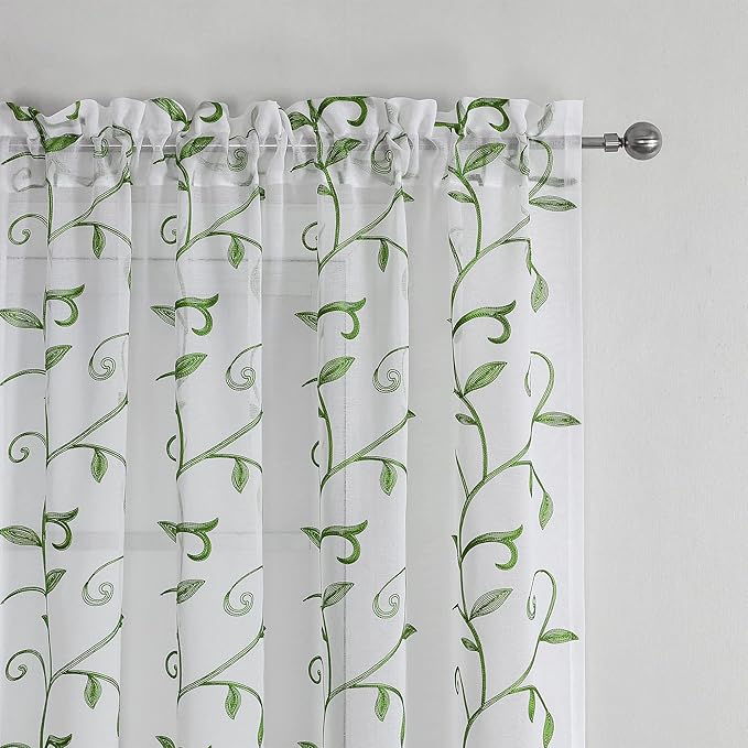 VISIONTEX Embroidered Green Sheer Voile Curtains, Leaves Embroidery Faux Linen Rod Pocket Window Drapes for Living Room and Girls Bedroom 54 x 108 Inch, Set of 2 Curtain Panels