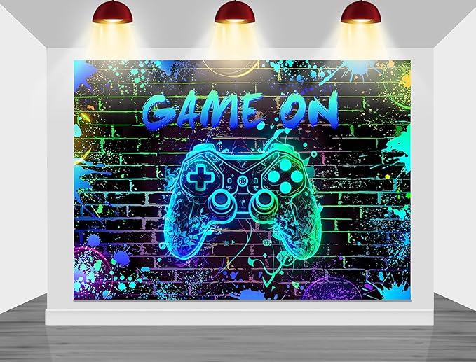 Mocsicka Game On Backdrop Video Game for Boys Level Up Birthday Party Decoration Game Night Arcade Neon Glow Gamer Banner Photography Background (Blue, 8x6ft(96"x72"))