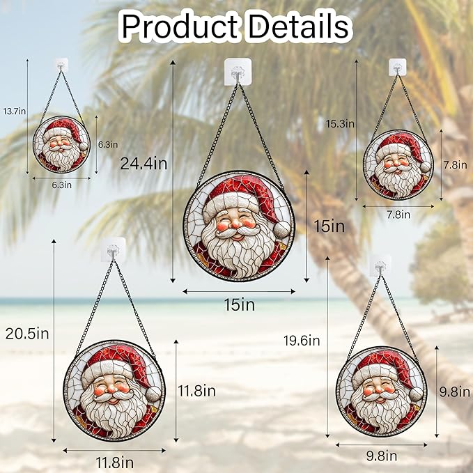 Stained Glass Window Hanging - Red White Santa Claus Suncatcher for Doors Home Christmas Decoration Winter Sun Catcher Thanksgiving New Year Birthday Gifts for Women Men Mom Nana Girl 15 in