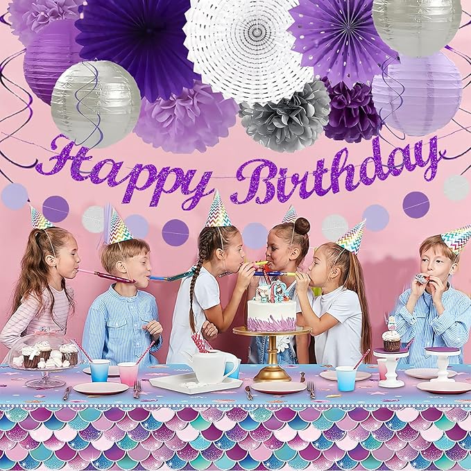 Purple and Silver Party Decorations-21PCS Happy Banner,Paper Lanterns Streamers,Tissue Pom Poms Honeycomb Flower Fan, Baby Bridal Shower Wedding Retirement Bachelorette Hanging Supplies Decor