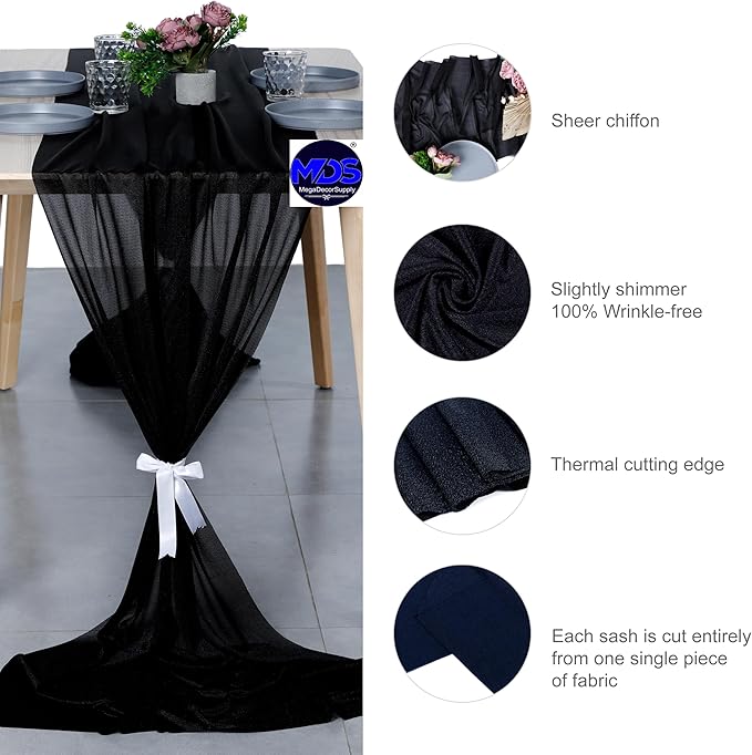 MDS 2 Pack 10ft Chiffon Table Runner 29 x 120 Inches Sheer Wedding Runner Romantic Rustic Table Runner for Wedding Decorations, Birthday Parties, Bridal Shower Party Arch Decor - Black