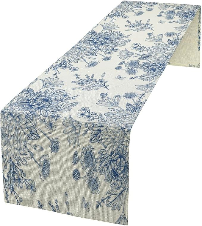 Chinoiserie Flower Table Runner, Seasonal Spring Fall Plants Blue Florals Dinner Runner for Home Kitchen Dining Table Party Holiday Decoration 13"x90"