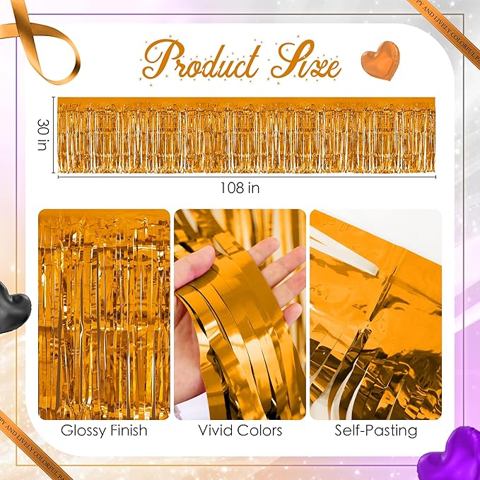 3 Pack Black Dark Purple Orange Table Skirts, 29x108" Metallic Foil Tinsel Fringe Table Skirt for Rectangle Tables Streamer Curtains Backdrop, Party Decorations for Birthdays, Weddings, Holidays