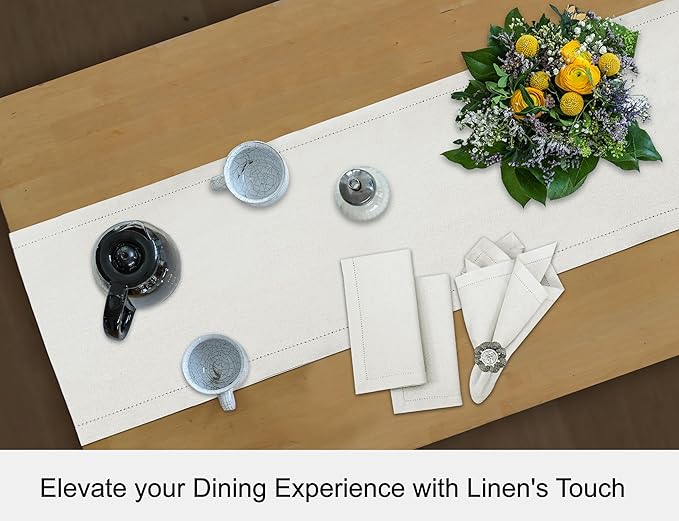 Ruvanti Linen Table Runner 60 Inches, Classic Hemstitch, Washable, Reusable, Non-Slipping, Stain Resistant- Perfect for Parties, Weddings, Dinners, Thanksgiving, Christmas, Indoor use – Ivory