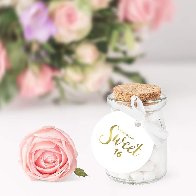 Andaz Press Personalized Round Circle Birthday Gift Tags, Metallic Gold Ink, Sweet 16 Birthday, 24-Pack, Custom Made Name, Not Gold Foil