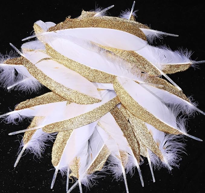 BABEYOND 42 Pcs 1920s Gatsby Gold Dipped Feather Natural Décor Glitter Feather for 20s Party Decoration Wedding Decoration (White & Gold)