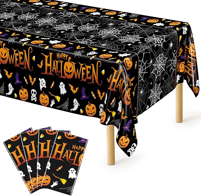 QZYL 4 Pack Halloween Tablecloth, 54" x 108" Halloween Decorations, Pumpkin Design Disposable Tablecover Plastic Table Cloth, Spider Webs Decorations Party Supplies Tableware Indoor