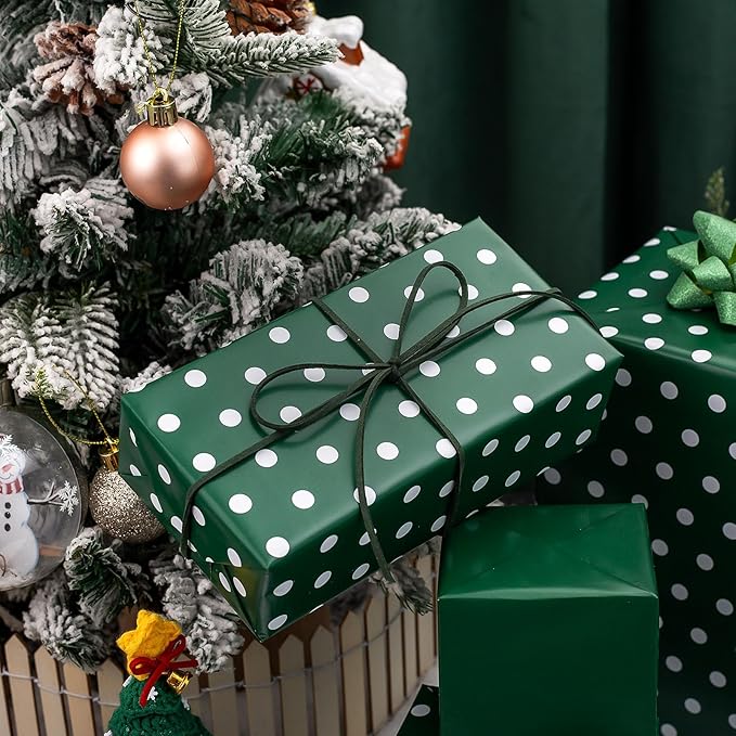 Flyhill Green Wrapping Paper Roll,Reversible Gift Wrap Paper with Polka Dot Design for Birthday,Christmas,Holiday,Party(17 Inch X 32.8 Feet)