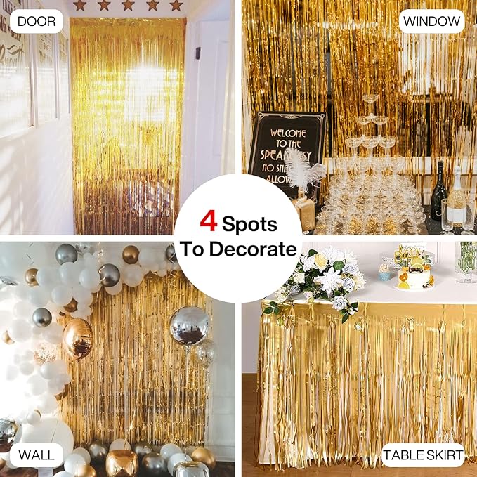PartyWoo XtraLarge Foil Curtain Gold, 2 pcs 3.3x6.6 ft Tinsel Curtains for Birthday Wedding Party Photo Backdrop