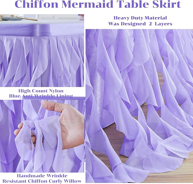 PARTISKY Lavender Purple Tulle Curly Willow Table Skirt for Rectangle Table 14ft, Ruffle Tutu Table Cloth for Girls Boys Baby Shower,Mermaid Birthday Party