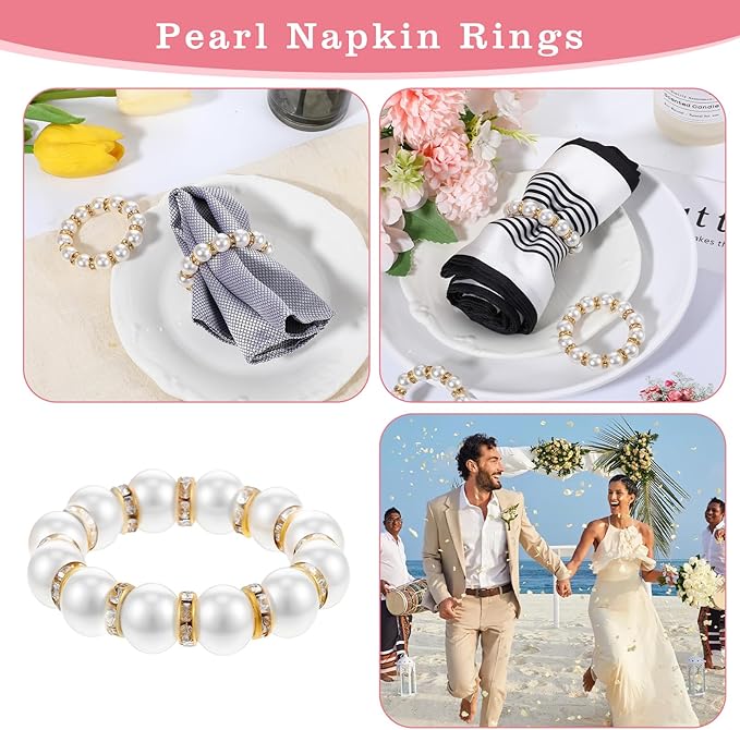 60 Pcs Wedding Pearl Napkin Rings, Pearl Napkin Rings Napkin Ring Holder Imitation Beaded White Napkin Ring Elegant Rhinestone Serviette Rings Buckle for Formal Wedding Home Dinner Party Decorations