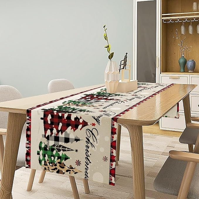 Christmas Tree Table Runner,Farmhouse Xmas Trees Buffalo Plaid Winter Snowflake Tablecloth Burlap for Hotel Indoors Outdoor Dining Room Kitchen Home Decor,W13X L70 in