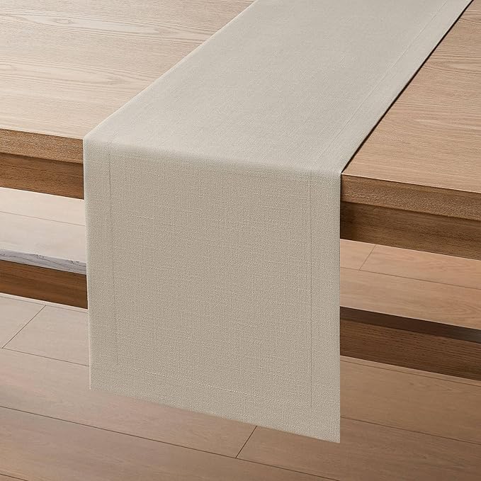 ZeeMart Linen Textured Border Table Runner, 14 x 48 Inch Natural, Farmhouse Style Neutral Table Runners 48 Inches Long, Easy Care Everyday Polyester Table Runner