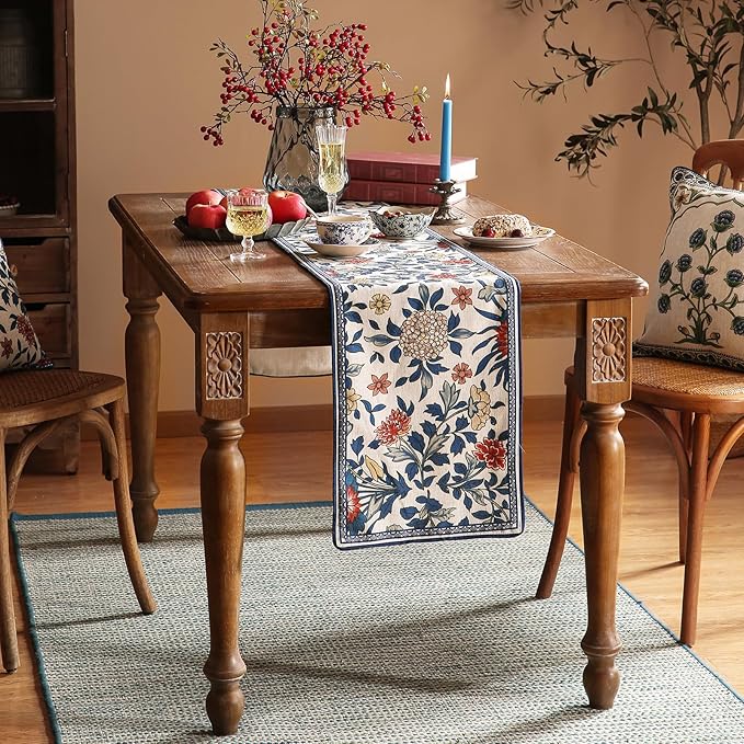 patdrea Designer Blue Cottage Rustic Floral Patterned Linen Table Runner 102 Inch Long,Wrinkle Resistant Table Mat,Decoration for Kitchen Dining and Coffee Tables Banquet Christmas ,12"x102"