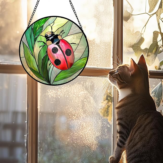 Stained Glass Window Hanging 4 Pcs Set Pink Green Insect Theme Large 11.8" - Butterfly Suncatcher Door Garden Sun Catcher Decor Birthday Christmas for Mom Woman Nana Men