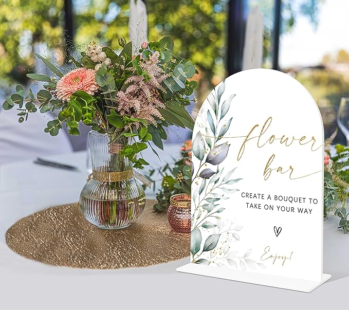 Acrylic Wedding Signs, Greenery Theme Flower Bar Sign, Wedding Reception Signage, Bridal Shower Table Decor with Stand, Flower Bar Supplies for Engagement, Anniversary, Newlywed Event and Party, 03