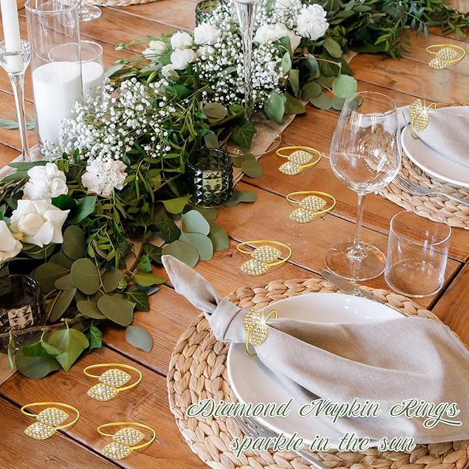 Hotop 24 Pcs Napkin Rings Gold Table Decorations, Elegant Bling Leaves Napkin Rings, Rhinestone Guest Towels Buckle for Wedding Gold Party, Thanksgiving Christmas Dinner Banquet Table Decoration